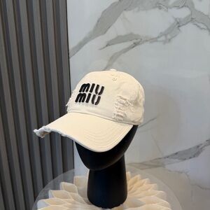 Miu Miu Cream Distressed Logo Baseball Cap with Black Embroidery